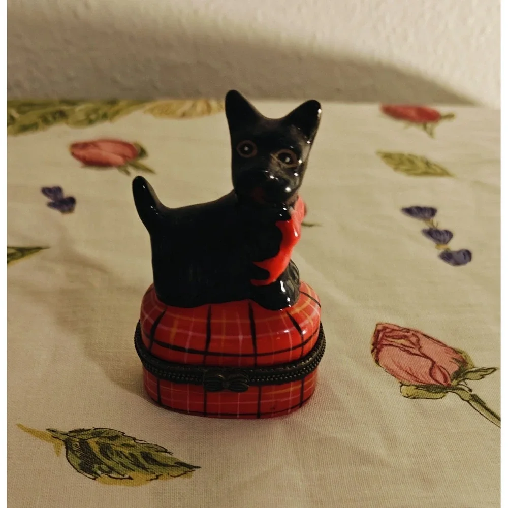 Vintage Black Scottie Dog Sitting on Red Tartan Trinket Box